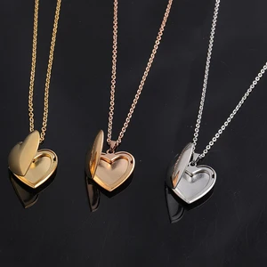 Stainless Steel Smooth Open DIY Photo Album Frame 45cm Chain Locket Pendant Heart Necklace