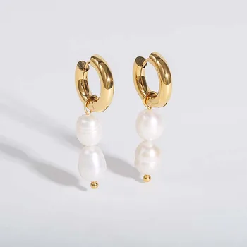 2022 Trendy Earring 18K Gold Plated Natural Pearl Stainless Steel Hoop Earring Statement Fashion Jewelry