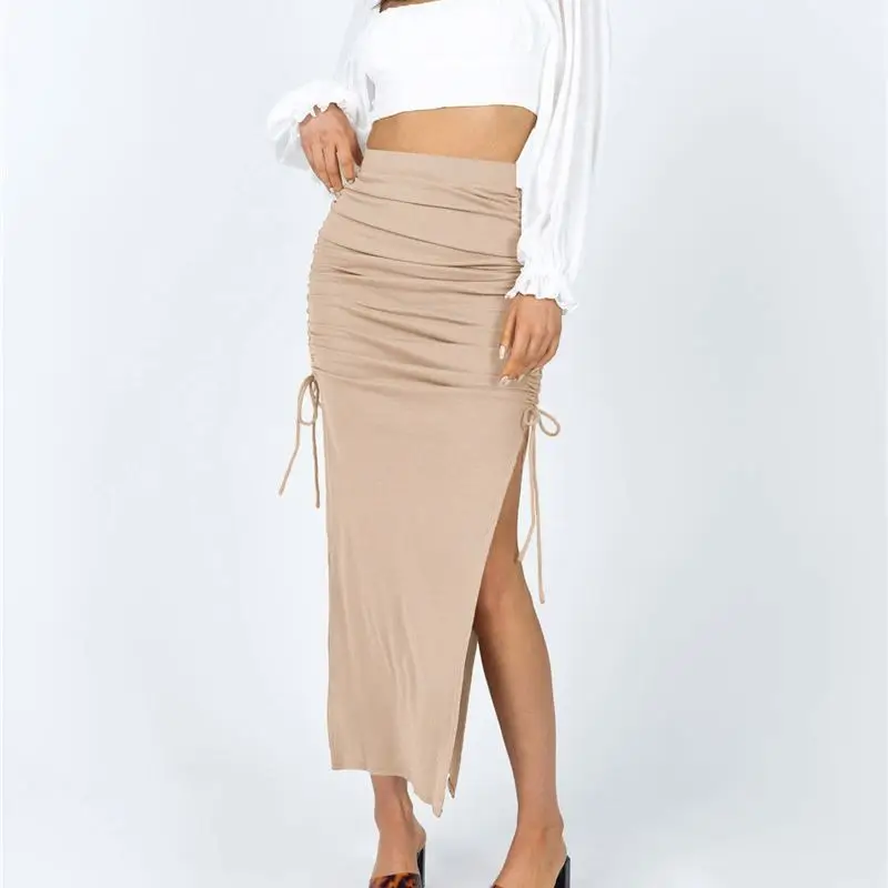 high waisted ruched midi skirt