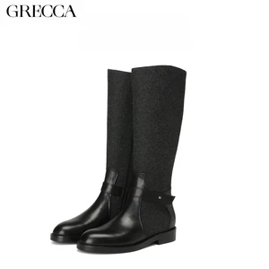 Women's Western Knee-High Boots Leather & Wool Blend Zipper Closure Low Heel Comfortable Daily/Commute Stylish Durable
