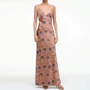 Wisrise Fashion OEM Custom Women's Floral Satin Spaghetti Straps Sleeveless Deep V Elegant Party Maxi Dress