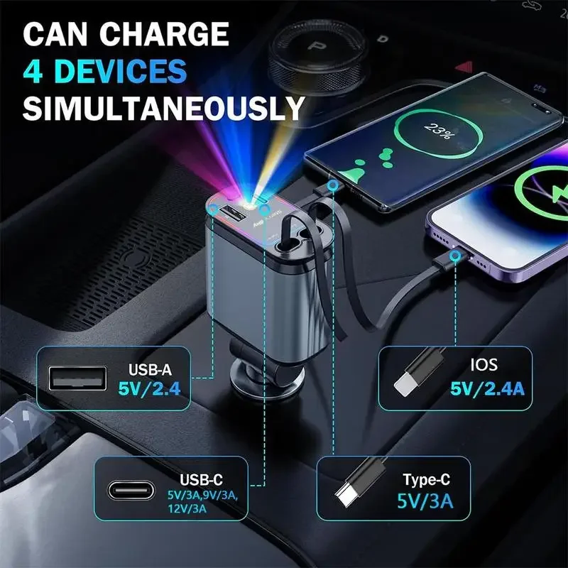 Chargeur Voiture 4 En 1 Rétractable 66W Avec Lumière étoilée - USB-C Rapide, Réglable 180°, Pour IPhone, Samsung, Android