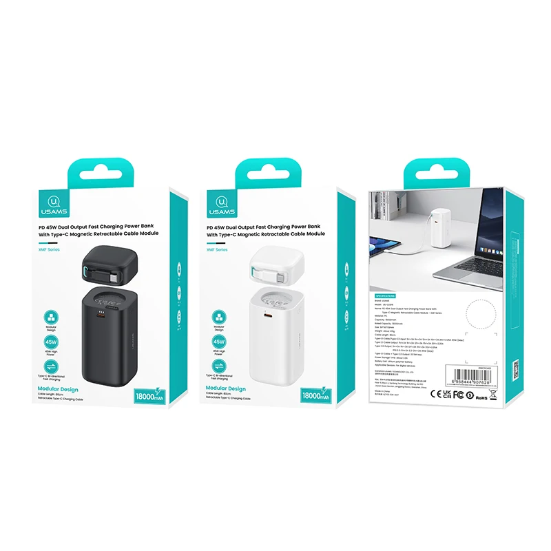 USAMS CD216 CD217 Mini 18000mah Power Bank PD 45W Dual Outputs Fast Charging  with Type C Cables