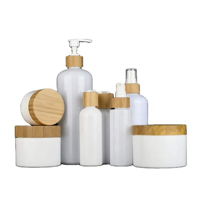 30ml 60ml 120ml 100ml 250ml 500ml Bamboo Lotion Pump Spray Cap White Plastic Bottle Jar Sets