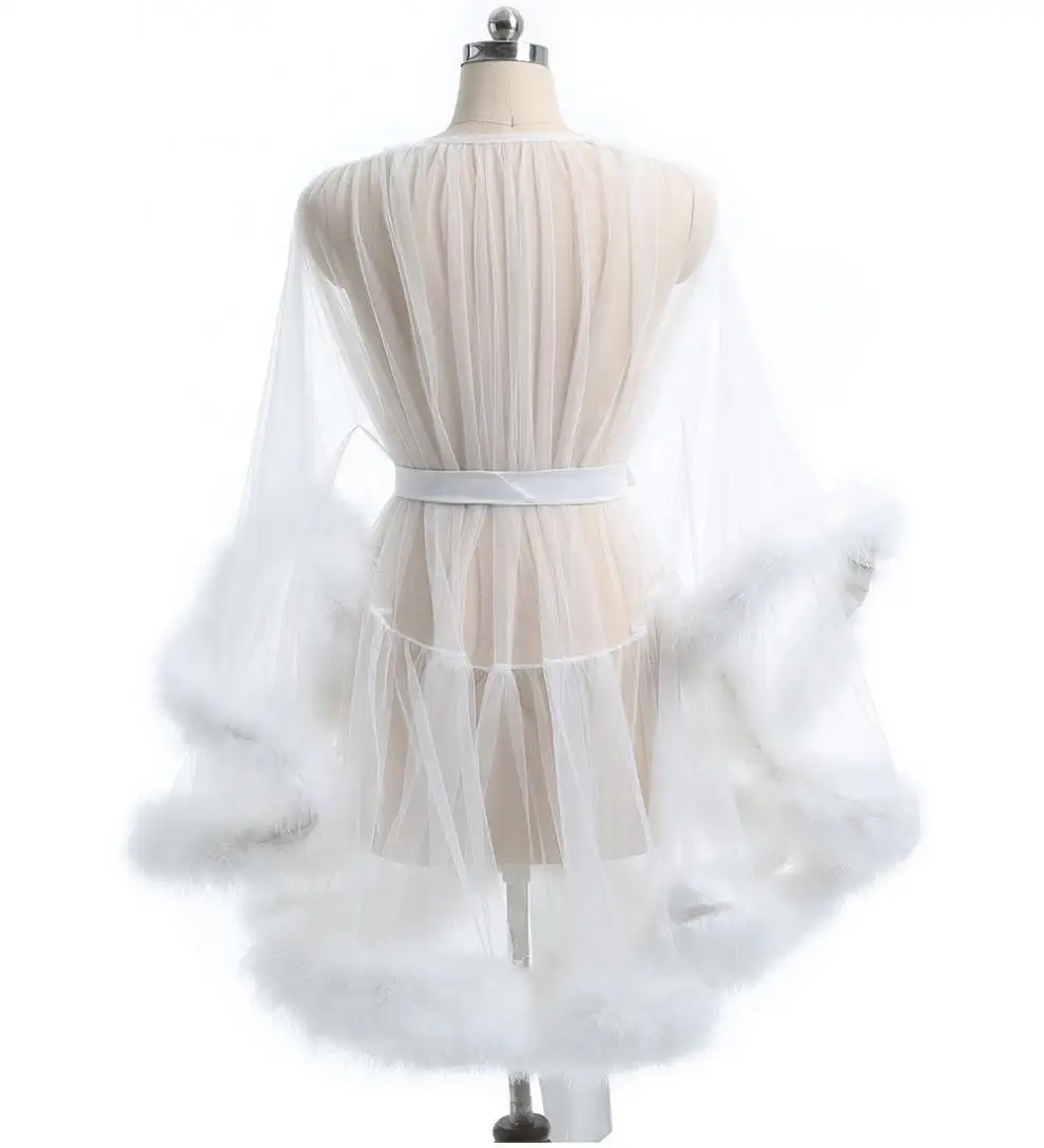 Sexy Feather Robe Seductive Mesh Perspective Sex Fur Bathrobe Passionate Waist Tightening Robe Dressing Gown
