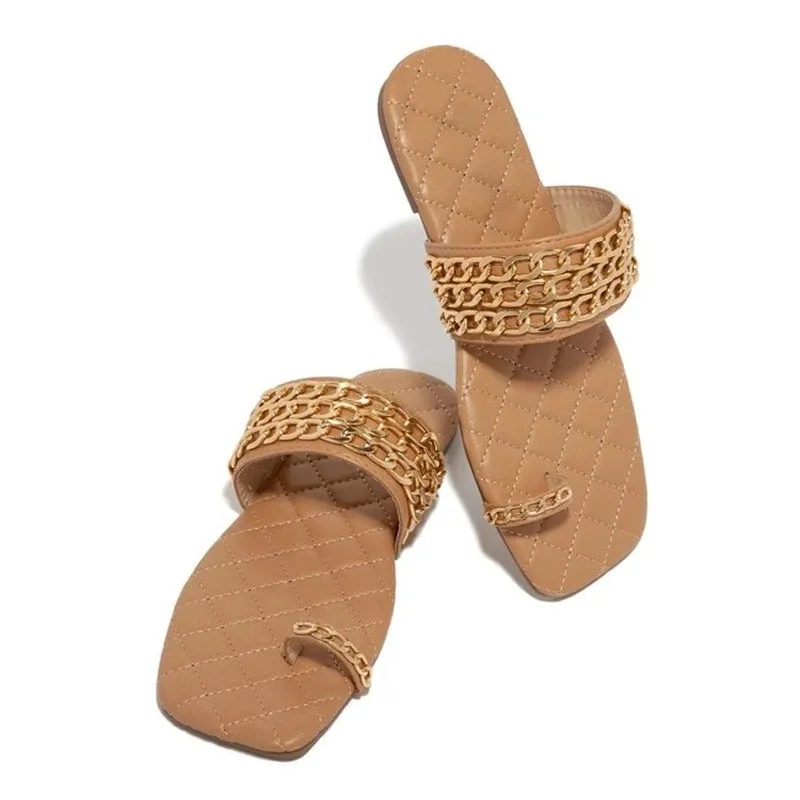 2021 New Arrival Summer Gold Chain Link Toe Loop Woven Open Square Toe  Flat Slide Sandals for Ladies Women Girl