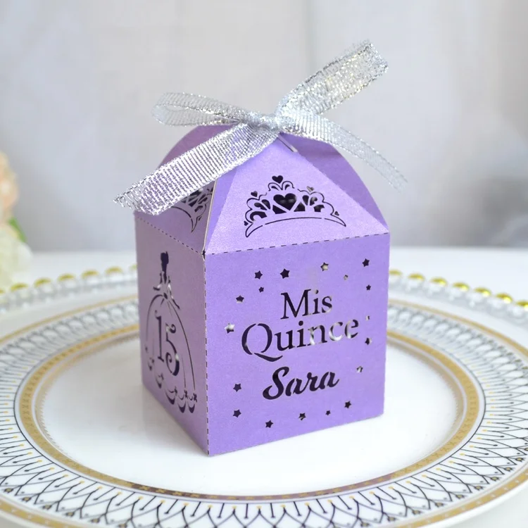 Cinderella Party Supplies Laser Cut Personalized Quinceanera Favors Box with Ribbon