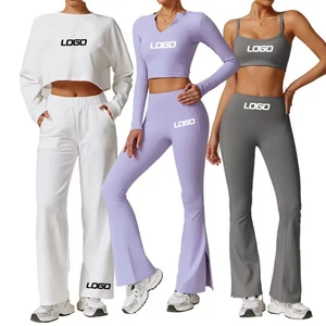 Women Soft Lightweight Flared Pants and Bra Set 5 Pcs Long Sleeve Workout Sets for Women Custom Sweatpants and Hoodie Set