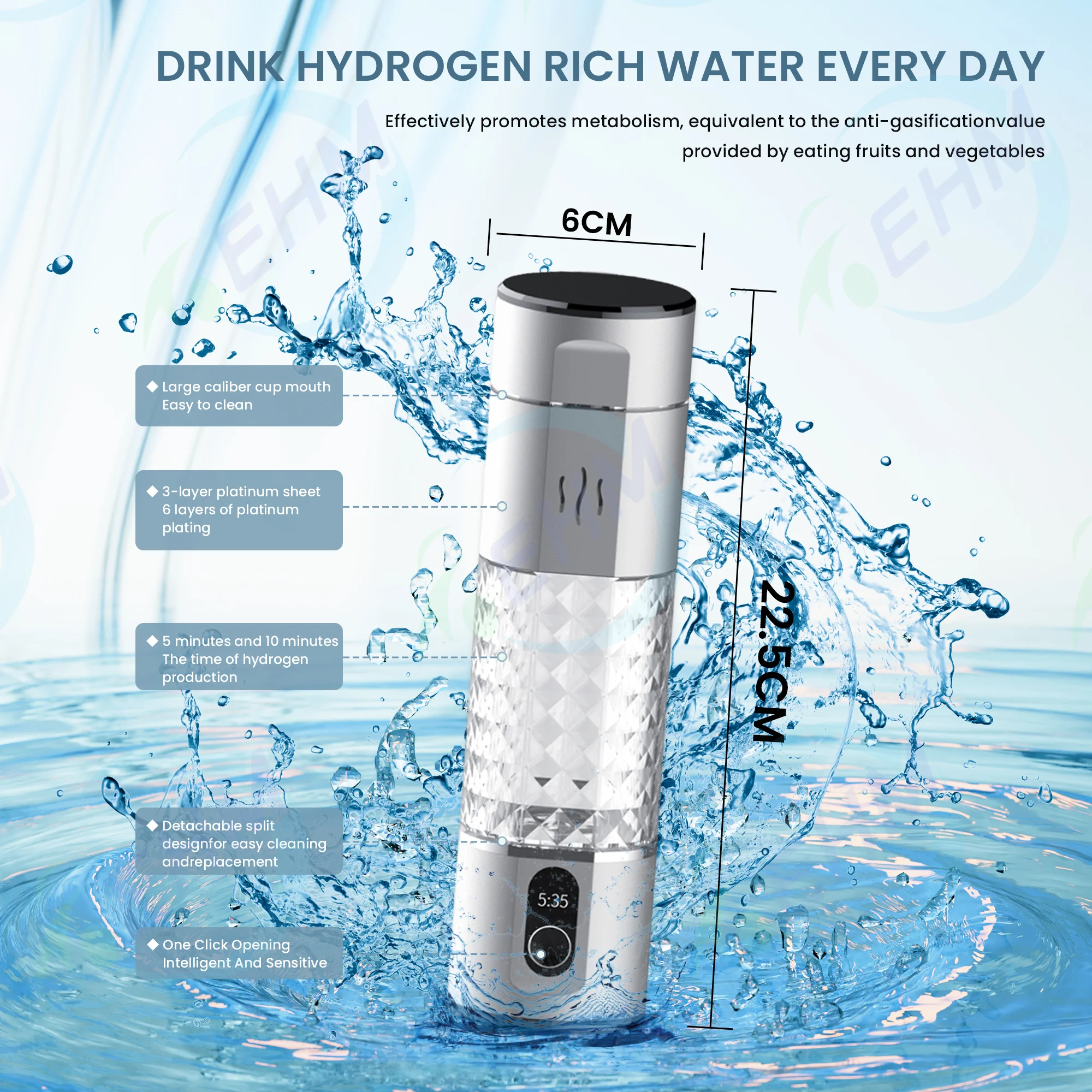 SPE PEM Tech High Concentration 5000ppb H2 Rich Hydrogen Water Bottle Portable