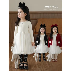 YOEHYAUL Q3593 Spring Autumn Long Sleeve Kids Cotton Dress with Tulle Embroidery Bow Sweet Elegant Baby Girls Tulle Dress