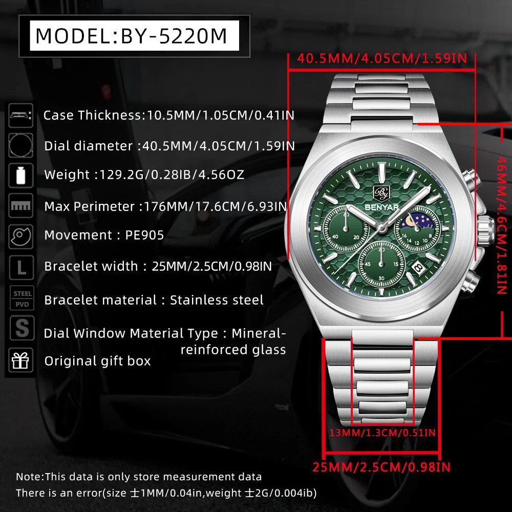 BENYAR 5220 Classic Business Watch Quartz Stainless Steel Waterproof Watch Multi Functional Moon Phase Dial Watches for Man