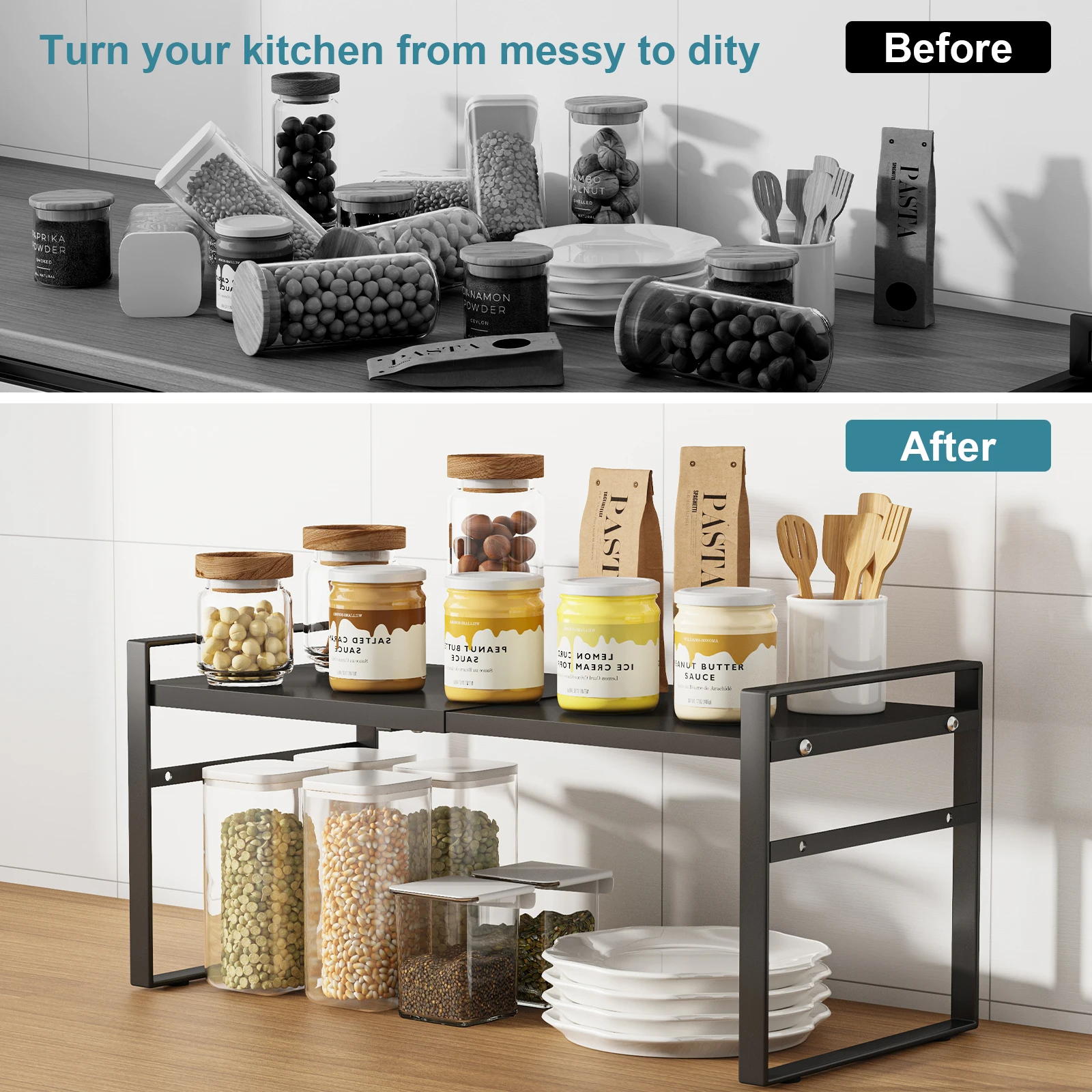 Expandable Kitchen Cabinet and Countertop Shelf Organizer