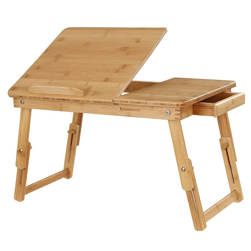 Современный регулируемый стол SONGMICS для дома и офиса из натурального бамбука, столик-поднос, портативный складной столик для ноутбука и компьютера
