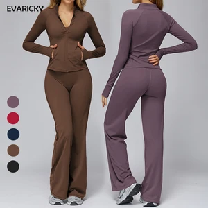 Evaricky Women Solid Breathable Long Sleeve Workout Outfit Zip Track Jacket Trousers Sweatpants Two Piece Set Yoga Clothes
