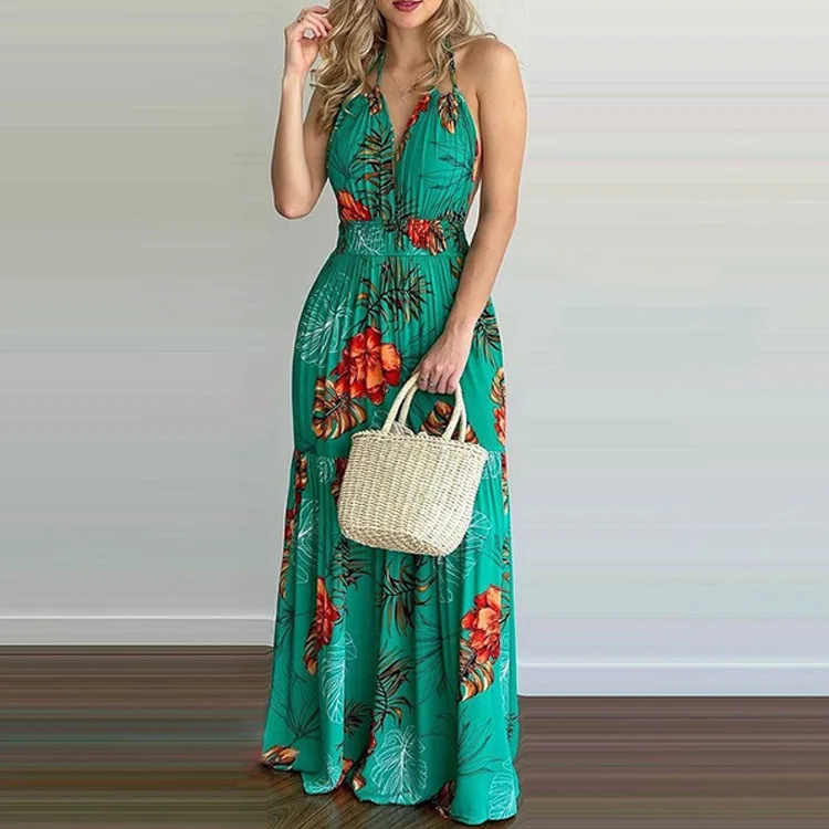 Wholesale Flower Print Summer Long Maxi Dress Women Split V Neck
