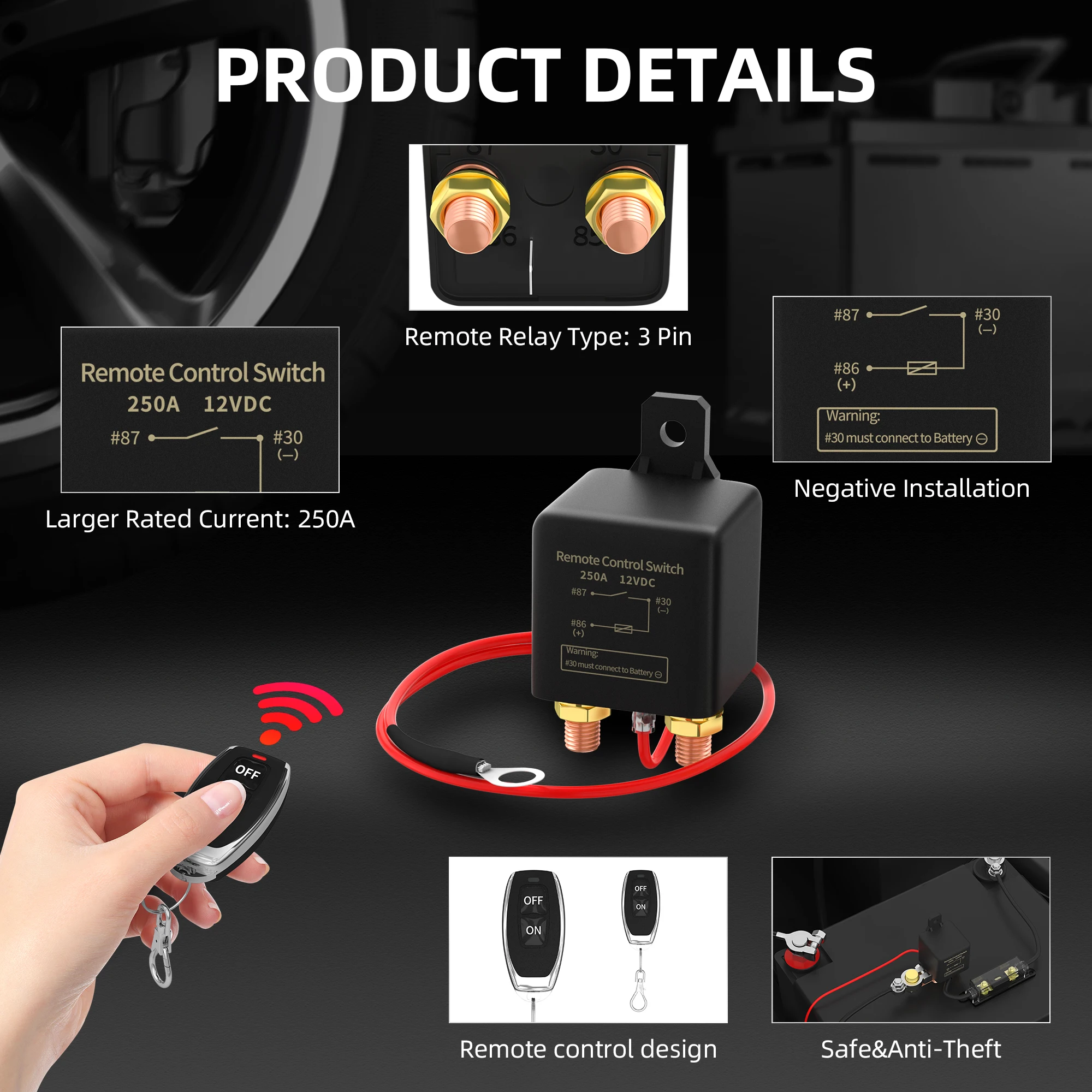 250A Remote Battery Disconnect Switch 12V Wireless Remote Control Switch Car Battery Cut Off Switch Remote Control