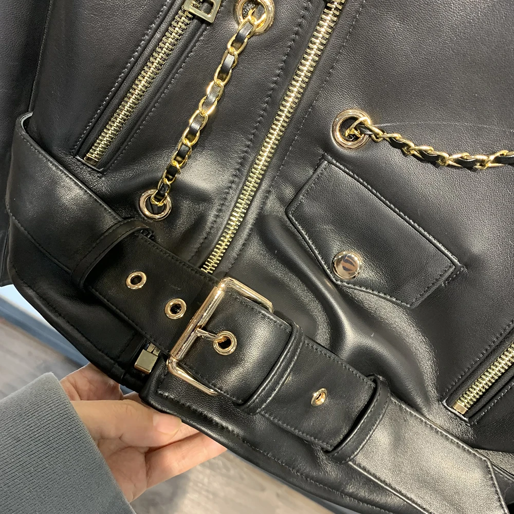 Oversized Loose Golden Chain Genuine Leather Jacket Women