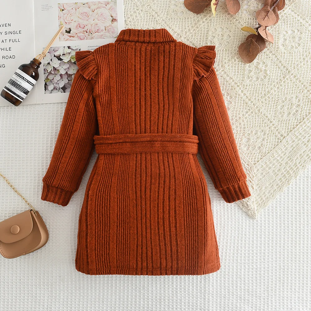 Q31113 Fall Winter Elegant Girls camel Mock High Neck Belted Flare Sleeve Ribbed Knit Sweater Dress