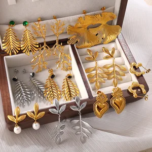 MW Trendy Designer Waterproof Stainless Steel Cross-Border Ginkgo Leaf Earrings for Women's Gold Imitation Pearl Earrings