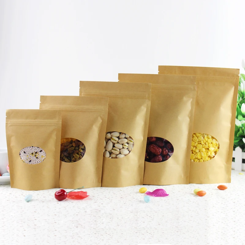 
 Doypack Ziplock Коричневый Белый крафт бумажные стоячие мешки упаковки еды мешки на молнии с окном  