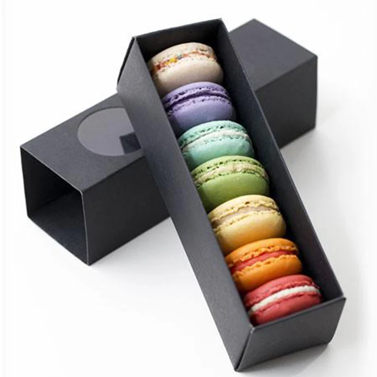 Black Luxury Macaron Drawer Box with Sliding out Open Feature Cardboard Paper Packaging Gift Window Embossing Matt Lamination