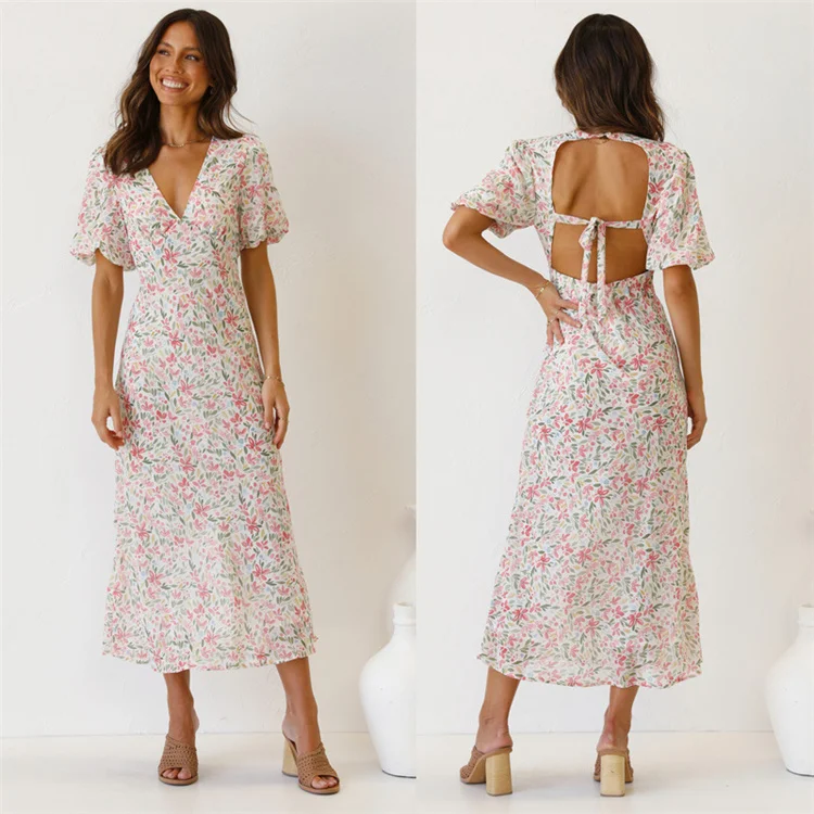 Women Summer Dress 2022 V Neck Backless 