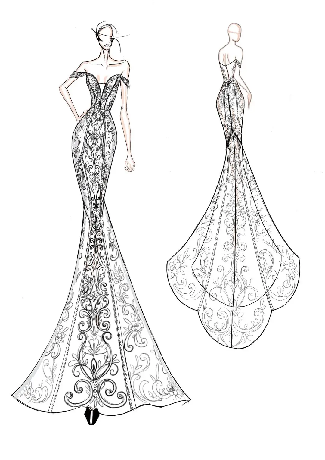 chinese dress ladies Thin Straps Corset Designer Mermaid Bridal Dress Sketch