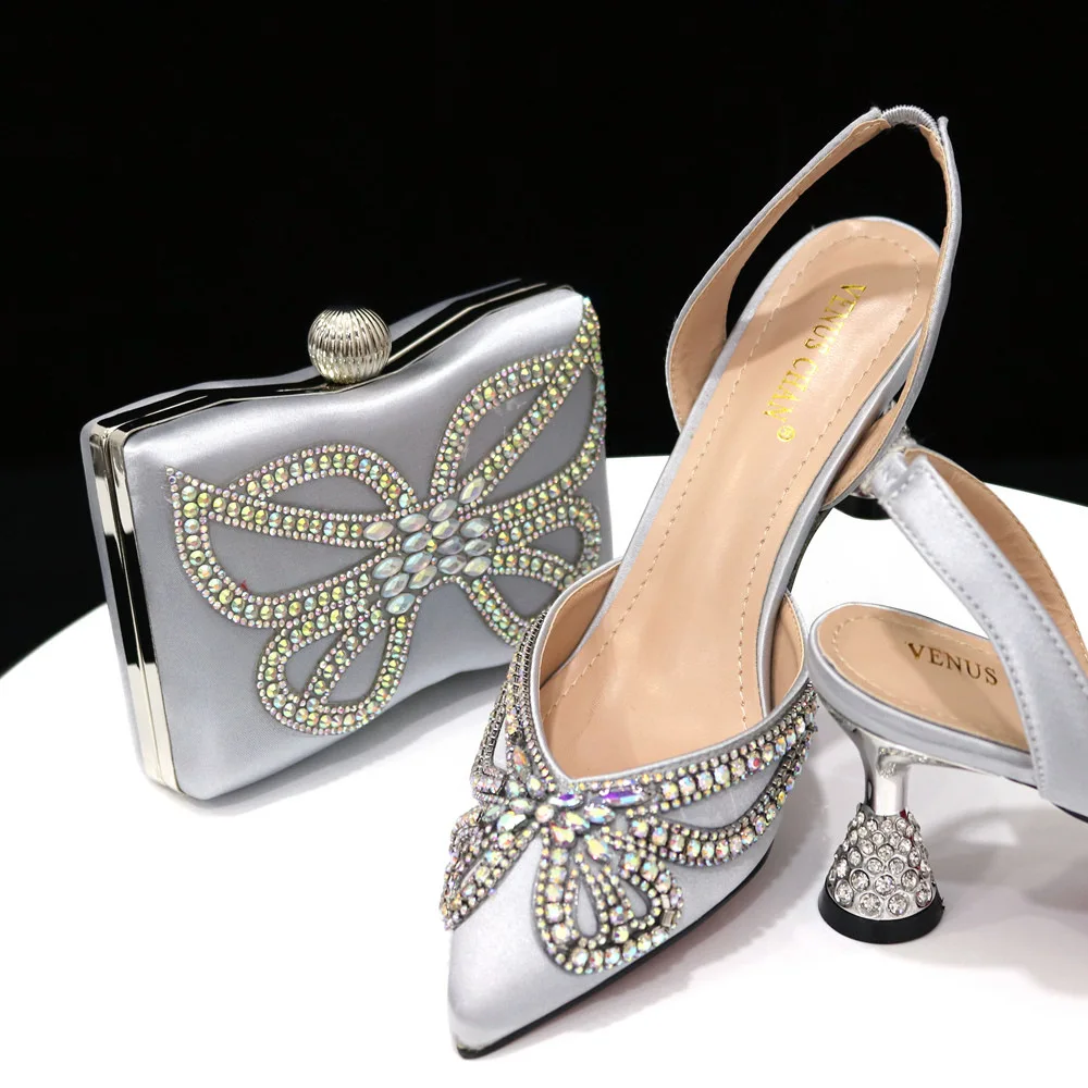 Stylish women's pointed rhinestone sandals with a matching square box bag - shoe bag combo set. High-quality, fashionable and durable accessories for women