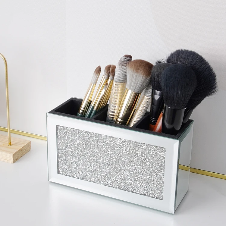3 Slot Glass Cosmetics Brushes Storage Holders with Crystal Crushed Diamond Mirrored Makeup Brush Holder Organizer