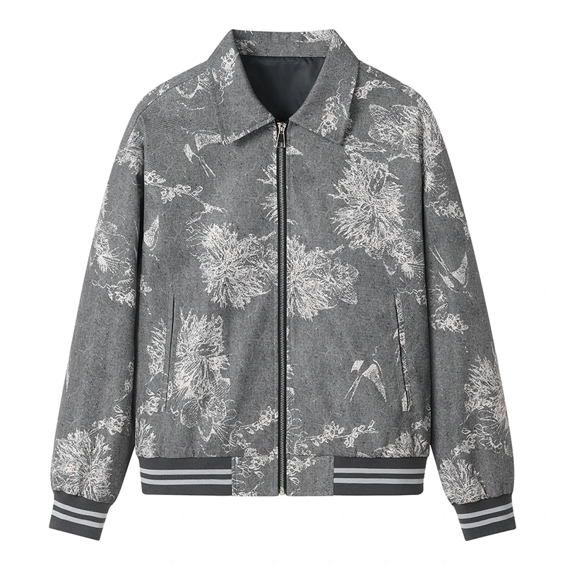 Men's vintage-style casual zip-up jacket with blended jacquard print and lapel.