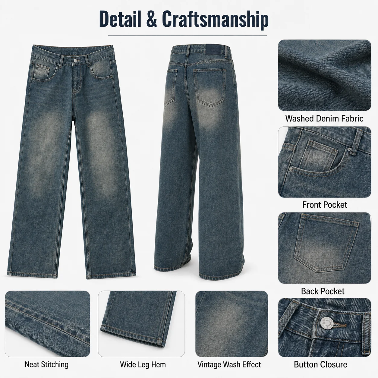 Vintage Washed Mid Waist Straight-Leg Denim Jeans Men Summer Loose Fit Distressed Long Pants Korean Commuter Style