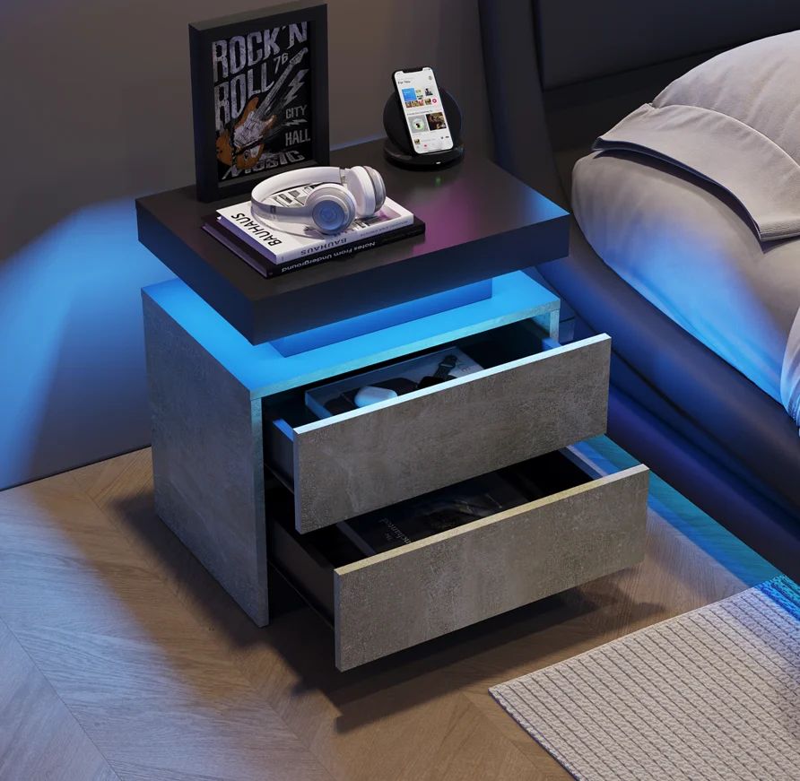 Moderner Nachttisch mit LED-Beleuchtung, zwei Schubladen und Seitenteil fürs Schlafzimmer_voghion.com