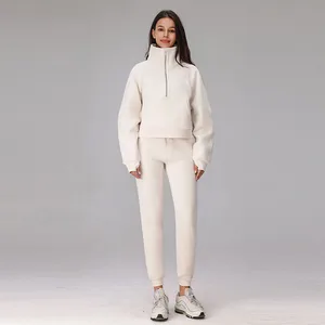 High Quality Women 2 Piece Sweatsuits Set Long Sleeve Half Zip Winter Set Fleece Sweatshirt Joggers Sweatpants Outfits Tracksuit