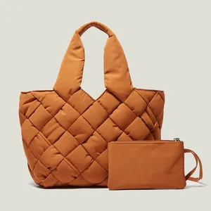 Custom Lightweight Water-resistant Nylon Puff Handbag with Small Pouch Quilted Woven Puffer Tote Bag for Women Lady