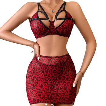 High Quality Leopard Printed Three-Piece Women's Sexy Lingerie Set Comfortable Mesh Bandage Skirt
