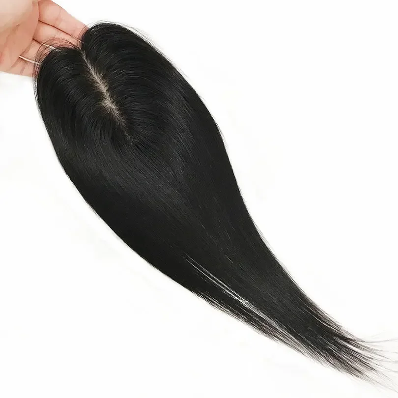 Topper per capelli umani vergini in seta fatto a mano con base in seta per donne, cuoio capelluto naturale, con clip, capelli lisci_voghion.com