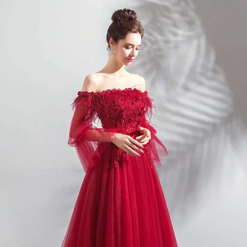 Red Off-The-Shoulder Fashion Newest Evening Dress Long Sleeve Tassel  Embroidered Sequins Fashion Newest Evening Dress