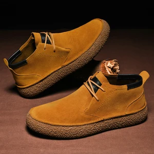 Retro High-Top Casual Flat Skate Shoes Waterproof and Breathable Men's Leather Shoes Non-Slip Rubber Sole Walking Style Shoes