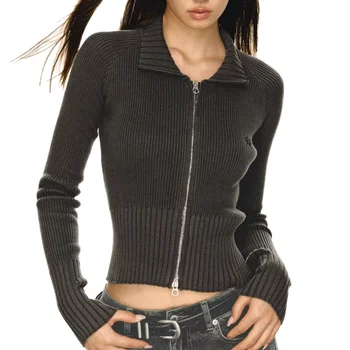 Women's Autumn Ribbed Zipper Cardigan Long Sleeve Turn Collar Sweater Navel Bare Crop Tops Barely There Crop Top Zipper Closure