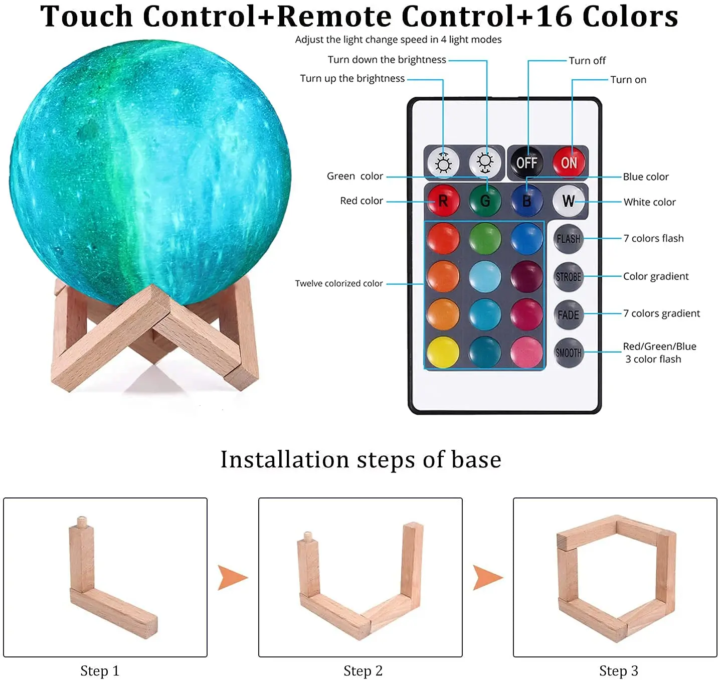 16 Colors LED Moon Light Dimmable 3D Moon Kids Night Light With Remote Touch Slap Control USB Rechargeable Moon Lamp