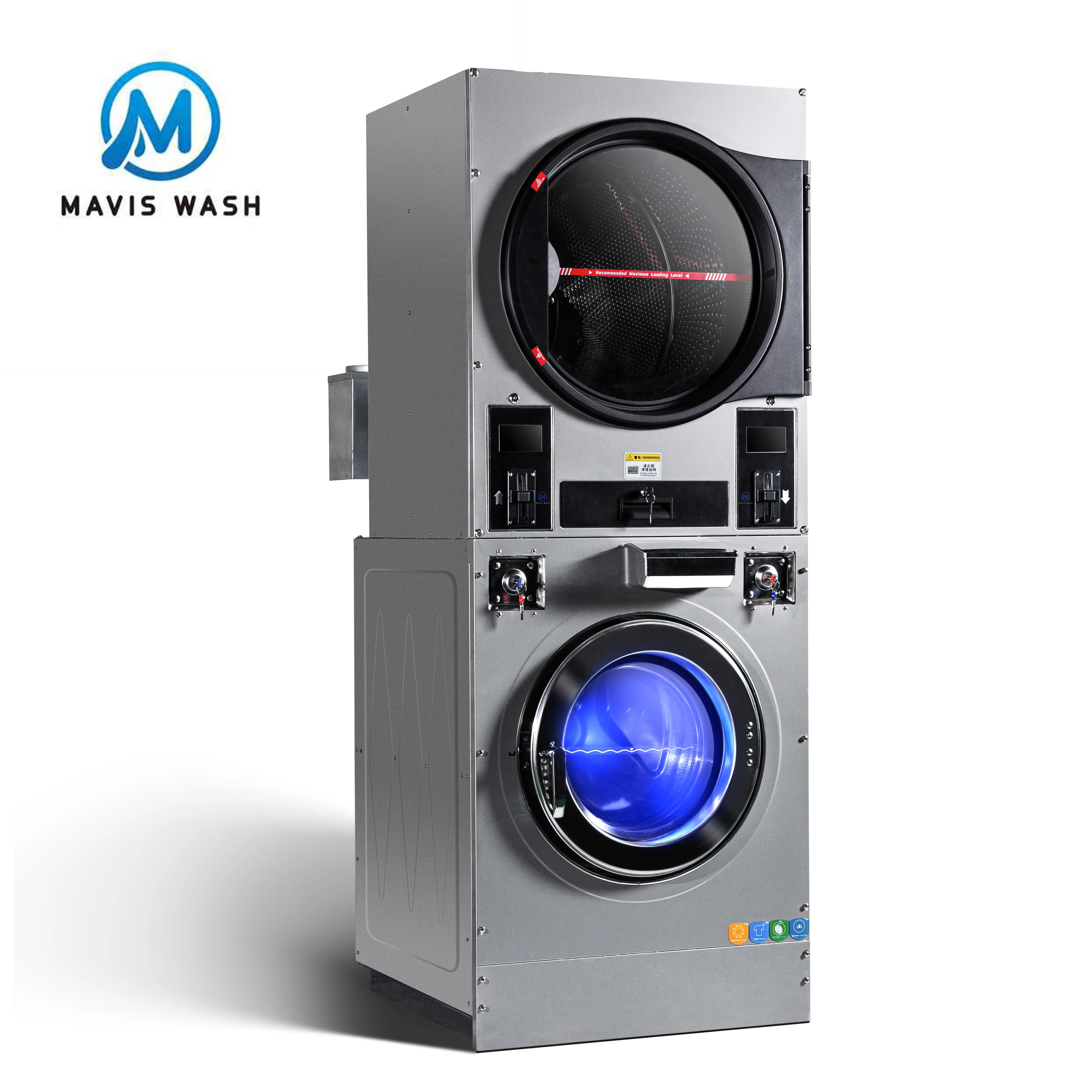 Stack Washer Dryer 15kg 20kg Double Dryer Gas Electric Heating Hotel Laundromat Washing Machines