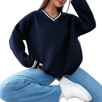 Spring and Autumn new fashionable casual loose simple blue striped design pullover sweatshirt