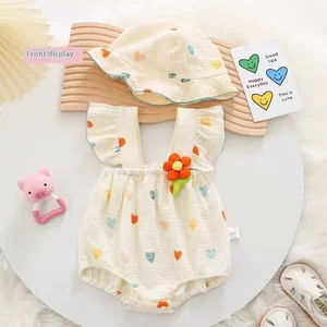 Muslin Baby Clothes Cotton Floral Strap Flutter Sleeve Jumpsuit Baby Rompers