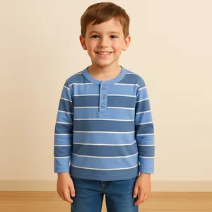 Wholesale Boys Long Sleeve Striped T-Shirt Cotton Henley Top for Kids Casual Children T Shirts Custom Logo