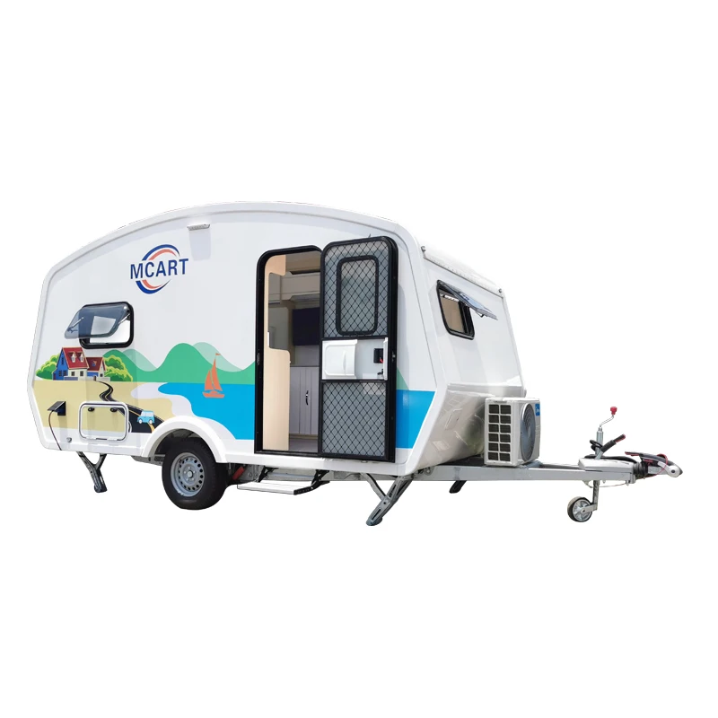 White camping RV can rest for 3 people, travel trailer with AL-ko chassis