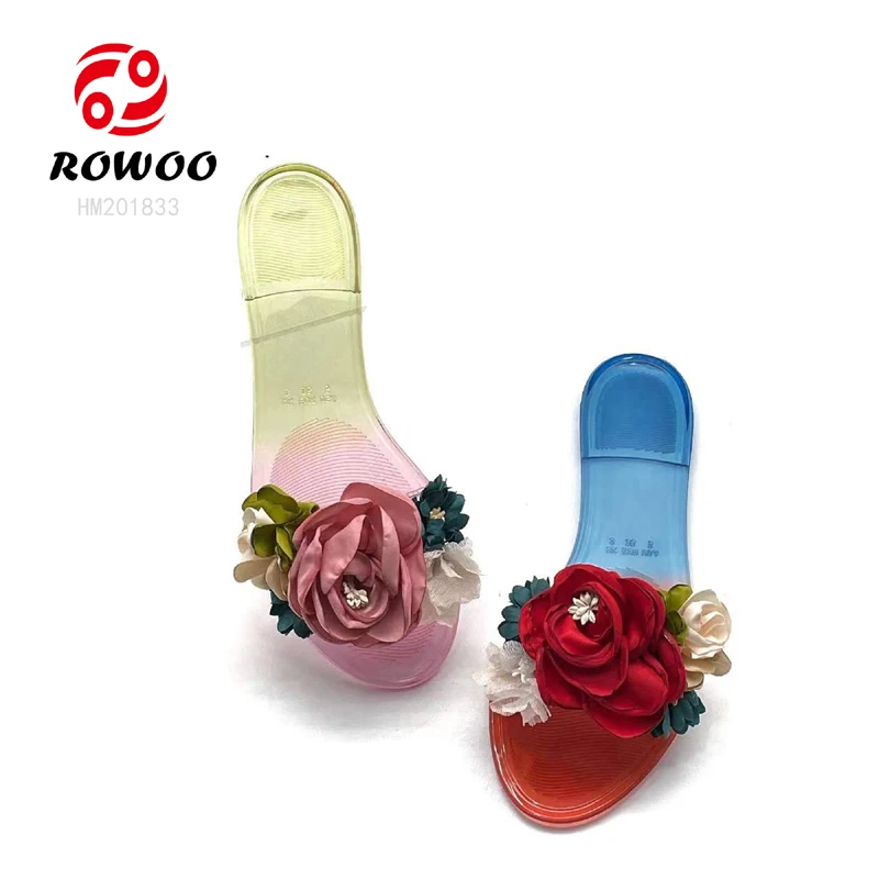Hot Sales New Design Lady Candy Shoes Rose Flower Luxury Wedding PVC Jelly Stylish Fashion Sandals slippers for Women