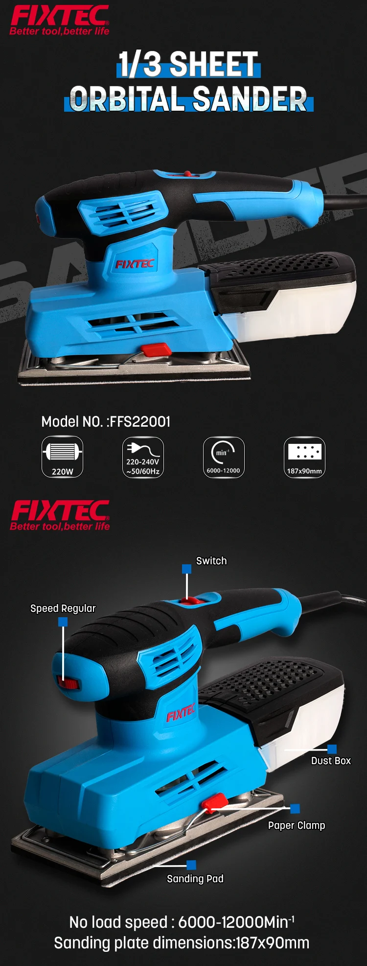Fixtec 220w Portable Hand Electric Sander Polisher 1/3 Sheet Orbital