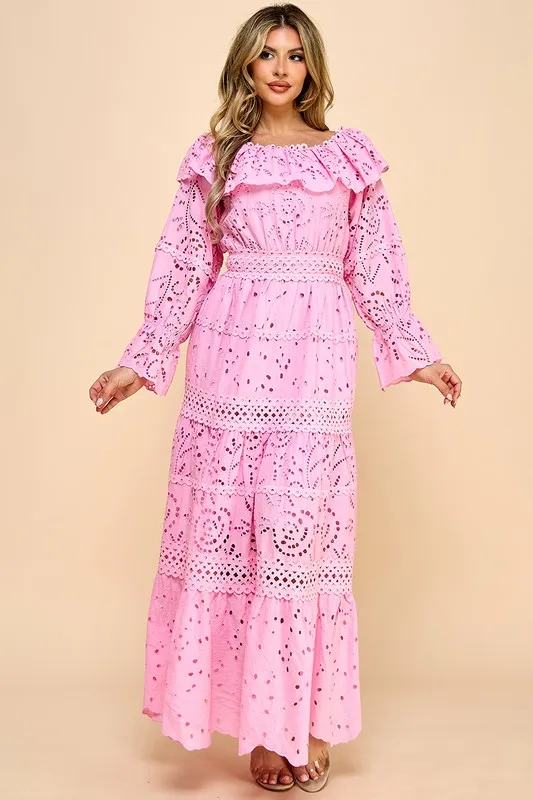 A Long Dress For Women Featuring Embroidered Cut-out Fabric, Multi-layered Lace, Ruffle Details, And A One-shoulder Neckline. - Image 2