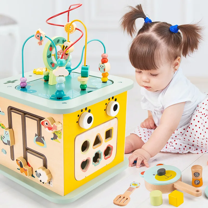 Early Education 7 in 1 Multifunctional Wooden Baby Playing House Cute Maze Game Box Children Matching Blocks Activity Cube