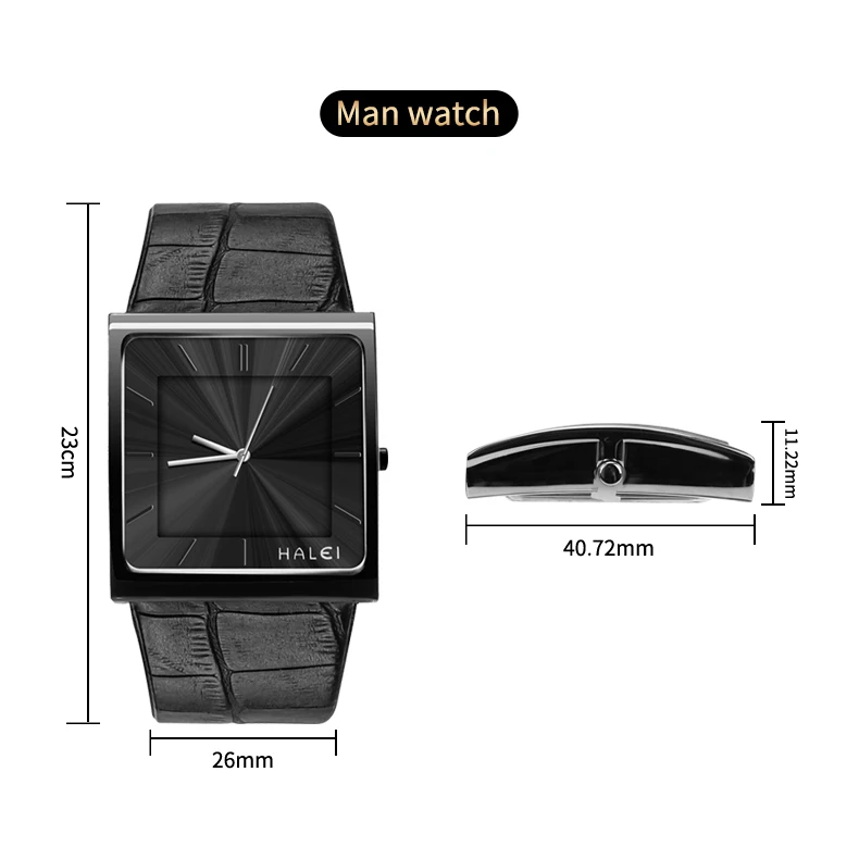 STAR RUDDER Rectangular Genuine Leather Wrist Watch Quartz Black Silver Watch Top Quality Fashion Waterproof Quartz Mens Watch
